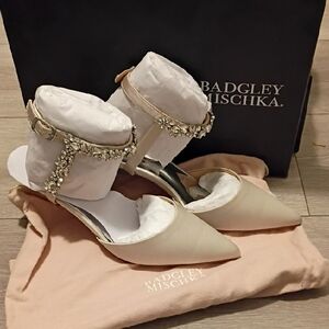 Badgley Mischka Champagne Satin Pointed-Toe Crystal Ankle-Strap Heels